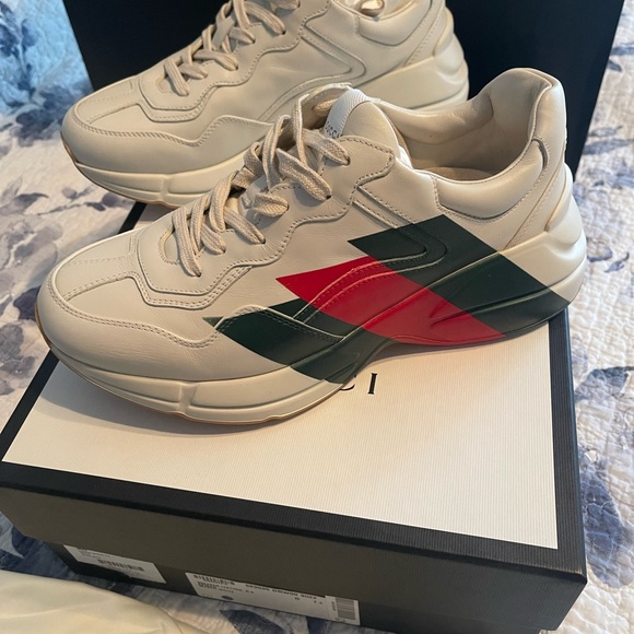 Gucci Mens Rhyton Sneakers White Red Green Stripes Size G 7.5 US 8.5 - Picture 5 of 8